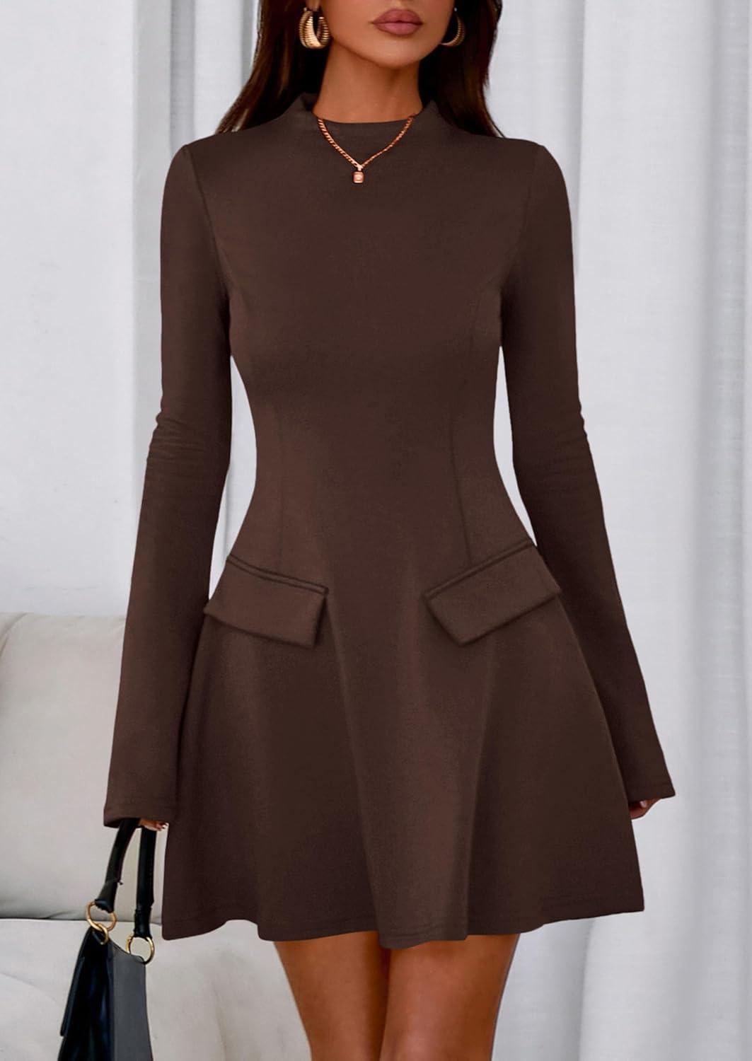 imagePRETTYGARDEN Womens Elegant Holiday Short Dress 2026 Fall Bell Long Sleeve Mock Neck Work Business Casual Party Mini DressBrown
