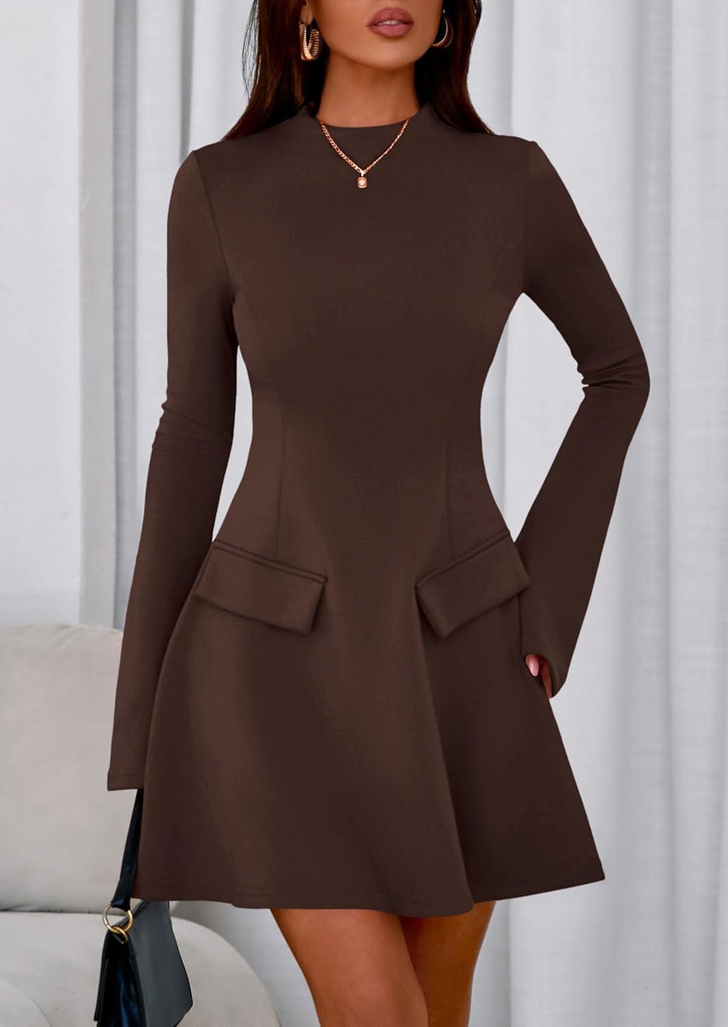 imagePRETTYGARDEN Womens Elegant Holiday Short Dress 2026 Fall Bell Long Sleeve Mock Neck Work Business Casual Party Mini DressBrown