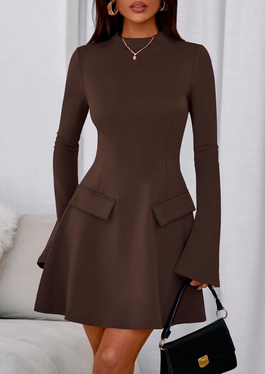 imagePRETTYGARDEN Womens Elegant Holiday Short Dress 2026 Fall Bell Long Sleeve Mock Neck Work Business Casual Party Mini DressBrown