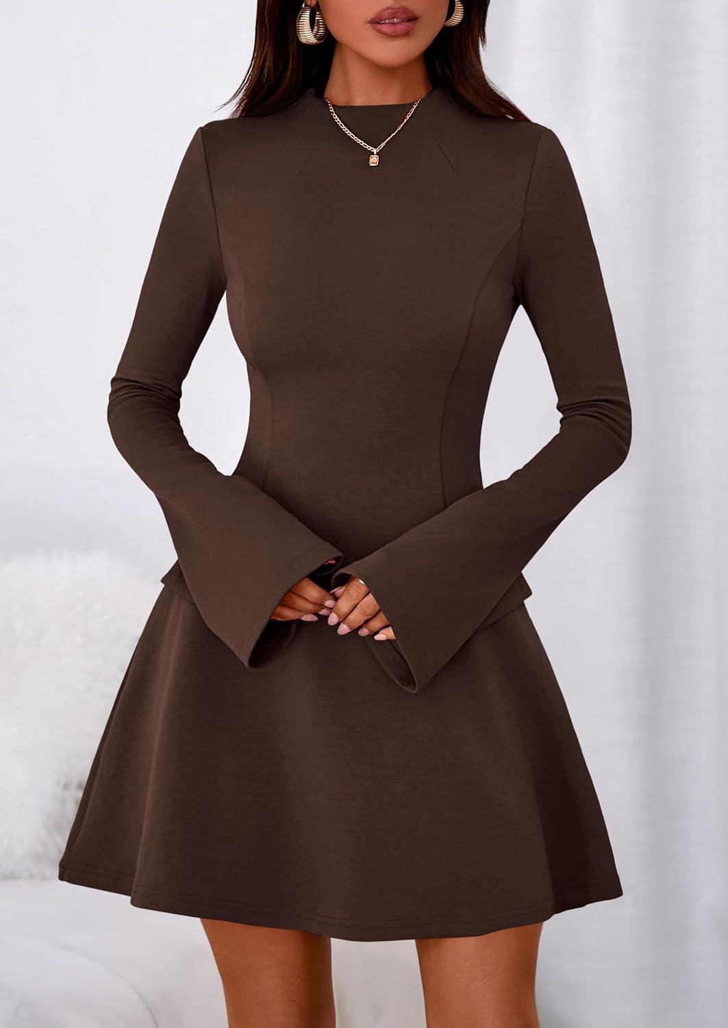 imagePRETTYGARDEN Womens Elegant Holiday Short Dress 2026 Fall Bell Long Sleeve Mock Neck Work Business Casual Party Mini DressBrown