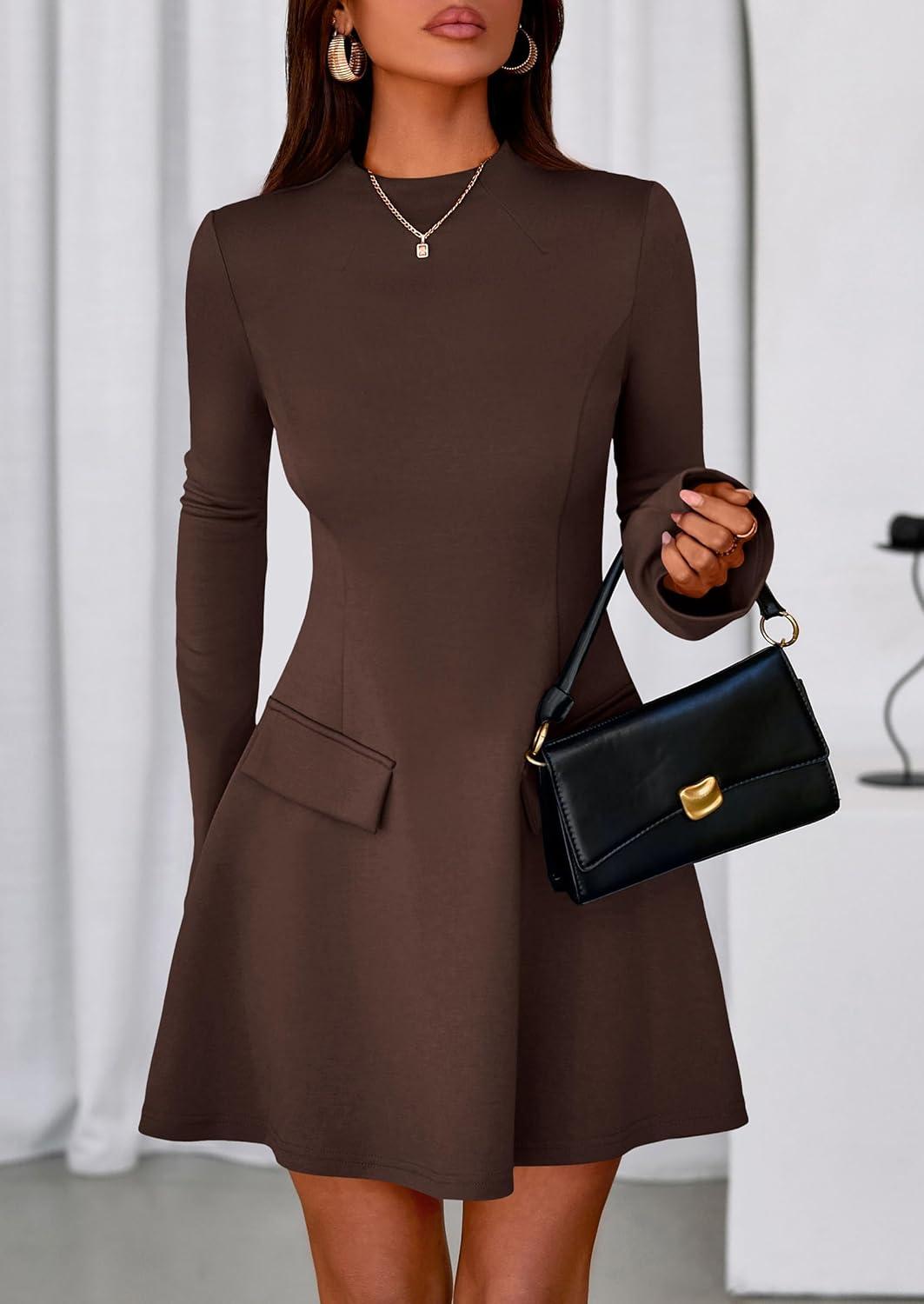 imagePRETTYGARDEN Womens Elegant Holiday Short Dress 2026 Fall Bell Long Sleeve Mock Neck Work Business Casual Party Mini DressBrown