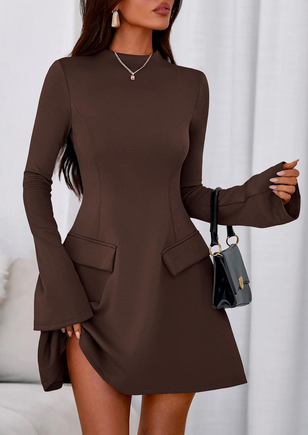 imagePRETTYGARDEN Womens Elegant Holiday Short Dress 2026 Fall Bell Long Sleeve Mock Neck Work Business Casual Party Mini DressBrown