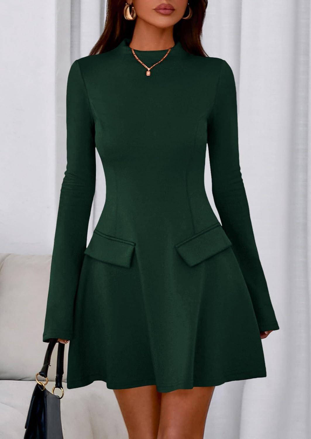 imagePRETTYGARDEN Womens Elegant Holiday Short Dress 2026 Fall Bell Long Sleeve Mock Neck Work Business Casual Party Mini DressDark Green