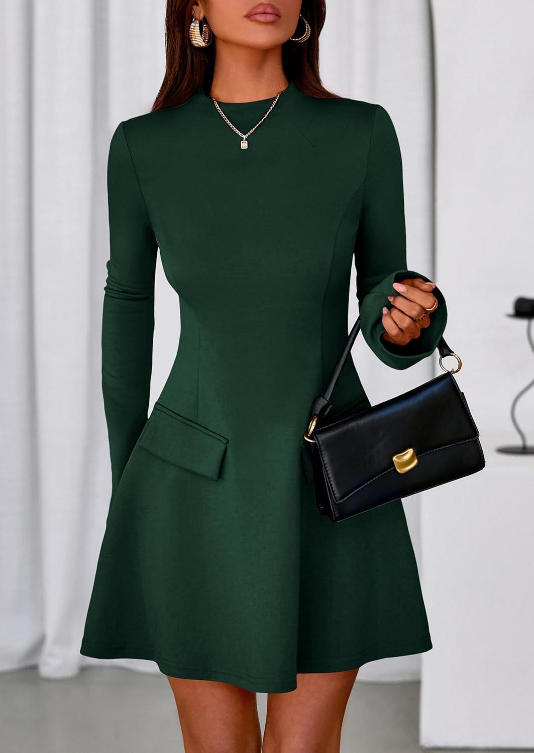 imagePRETTYGARDEN Womens Elegant Holiday Short Dress 2026 Fall Bell Long Sleeve Mock Neck Work Business Casual Party Mini DressDark Green