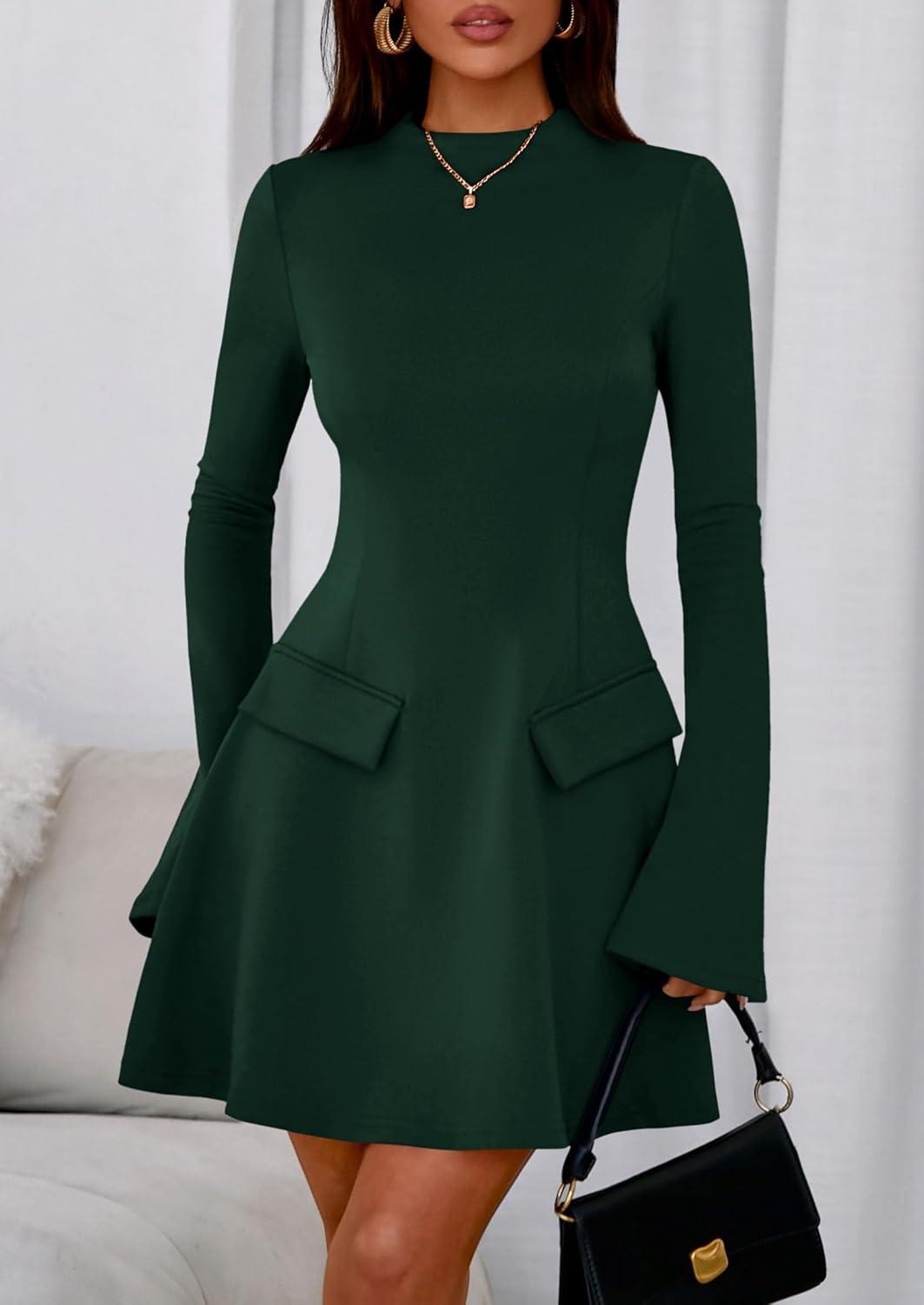 imagePRETTYGARDEN Womens Elegant Holiday Short Dress 2026 Fall Bell Long Sleeve Mock Neck Work Business Casual Party Mini DressDark Green