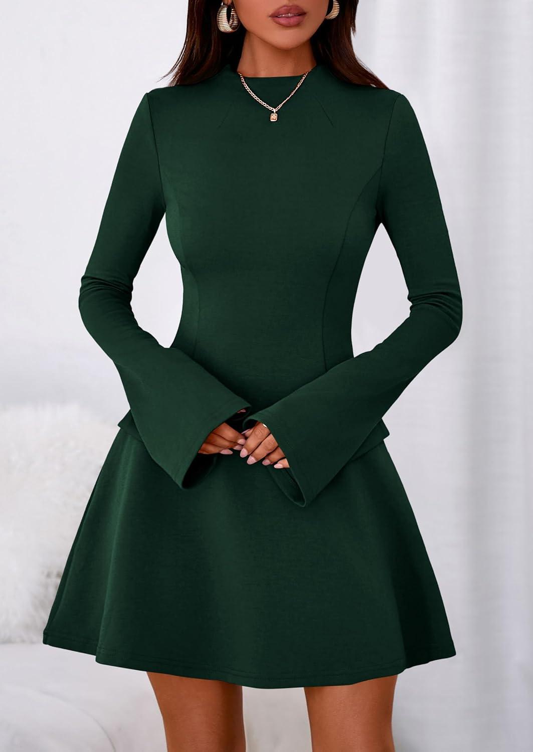imagePRETTYGARDEN Womens Elegant Holiday Short Dress 2026 Fall Bell Long Sleeve Mock Neck Work Business Casual Party Mini DressDark Green