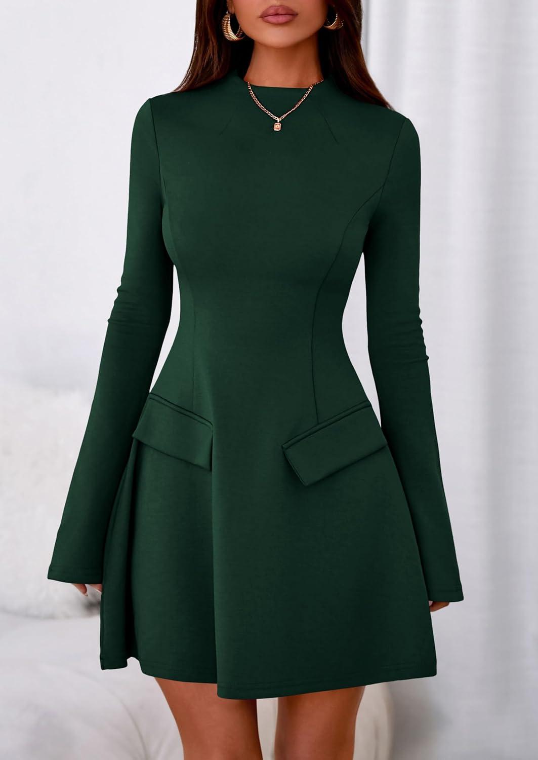 imagePRETTYGARDEN Womens Elegant Holiday Short Dress 2026 Fall Bell Long Sleeve Mock Neck Work Business Casual Party Mini DressDark Green