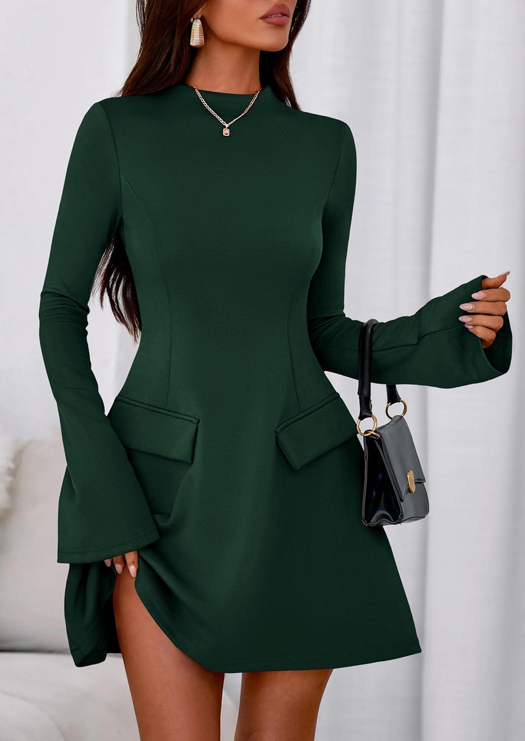 imagePRETTYGARDEN Womens Elegant Holiday Short Dress 2026 Fall Bell Long Sleeve Mock Neck Work Business Casual Party Mini DressDark Green