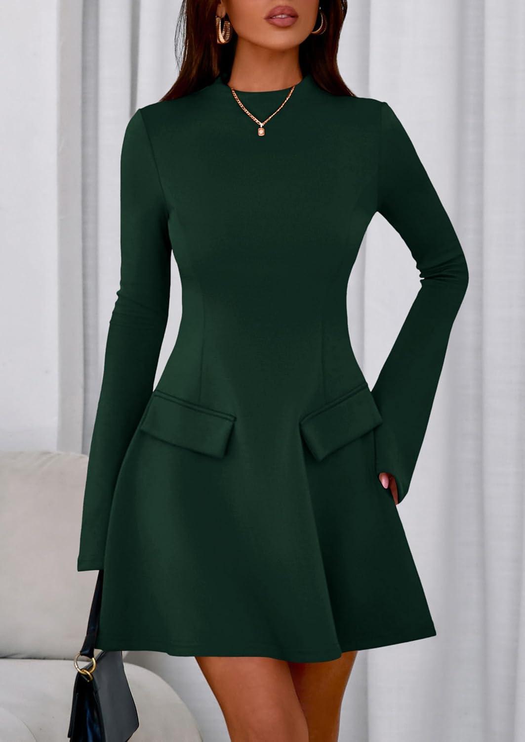 imagePRETTYGARDEN Womens Elegant Holiday Short Dress 2026 Fall Bell Long Sleeve Mock Neck Work Business Casual Party Mini DressDark Green