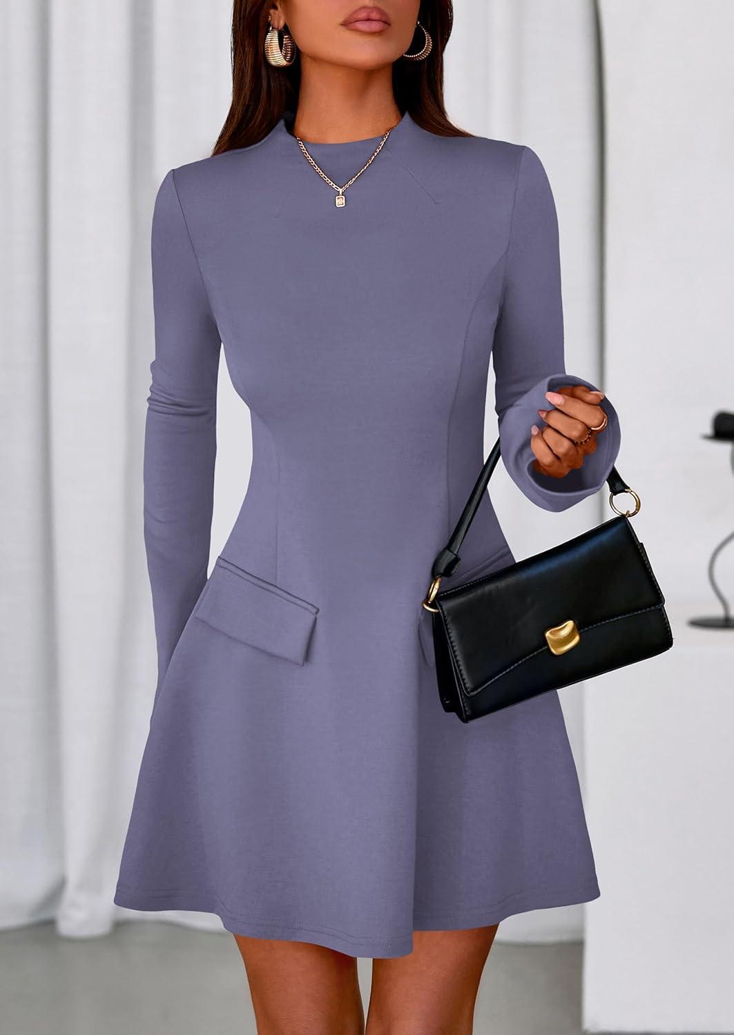 imagePRETTYGARDEN Womens Elegant Holiday Short Dress 2026 Fall Bell Long Sleeve Mock Neck Work Business Casual Party Mini DressGrey Blue
