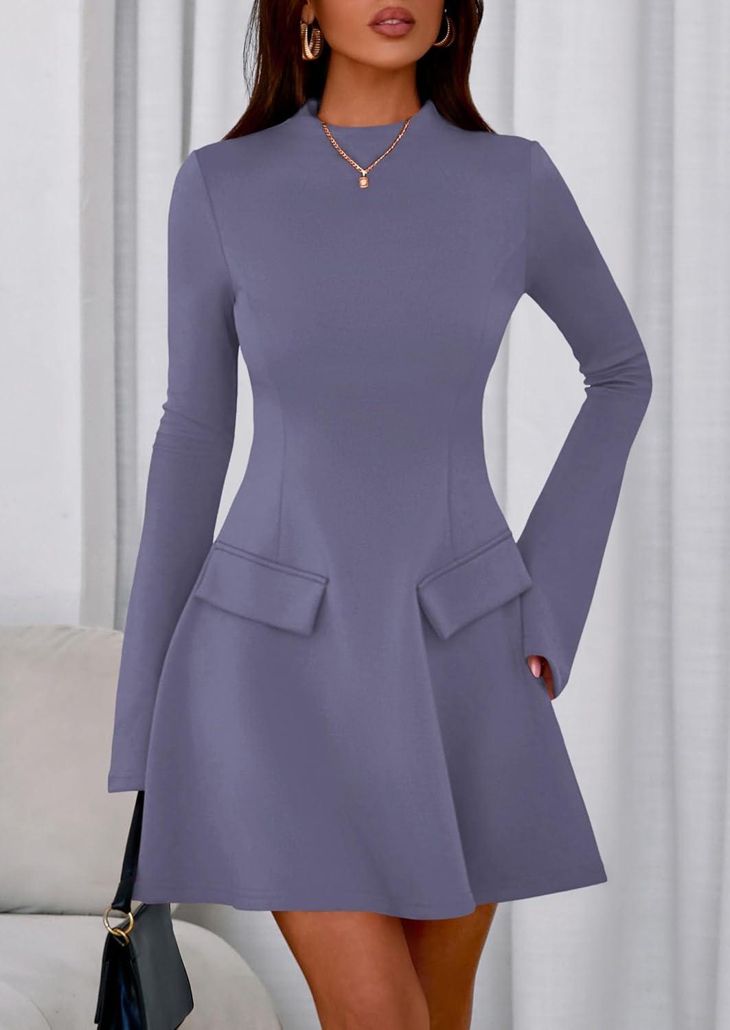 imagePRETTYGARDEN Womens Elegant Holiday Short Dress 2026 Fall Bell Long Sleeve Mock Neck Work Business Casual Party Mini DressGrey Blue