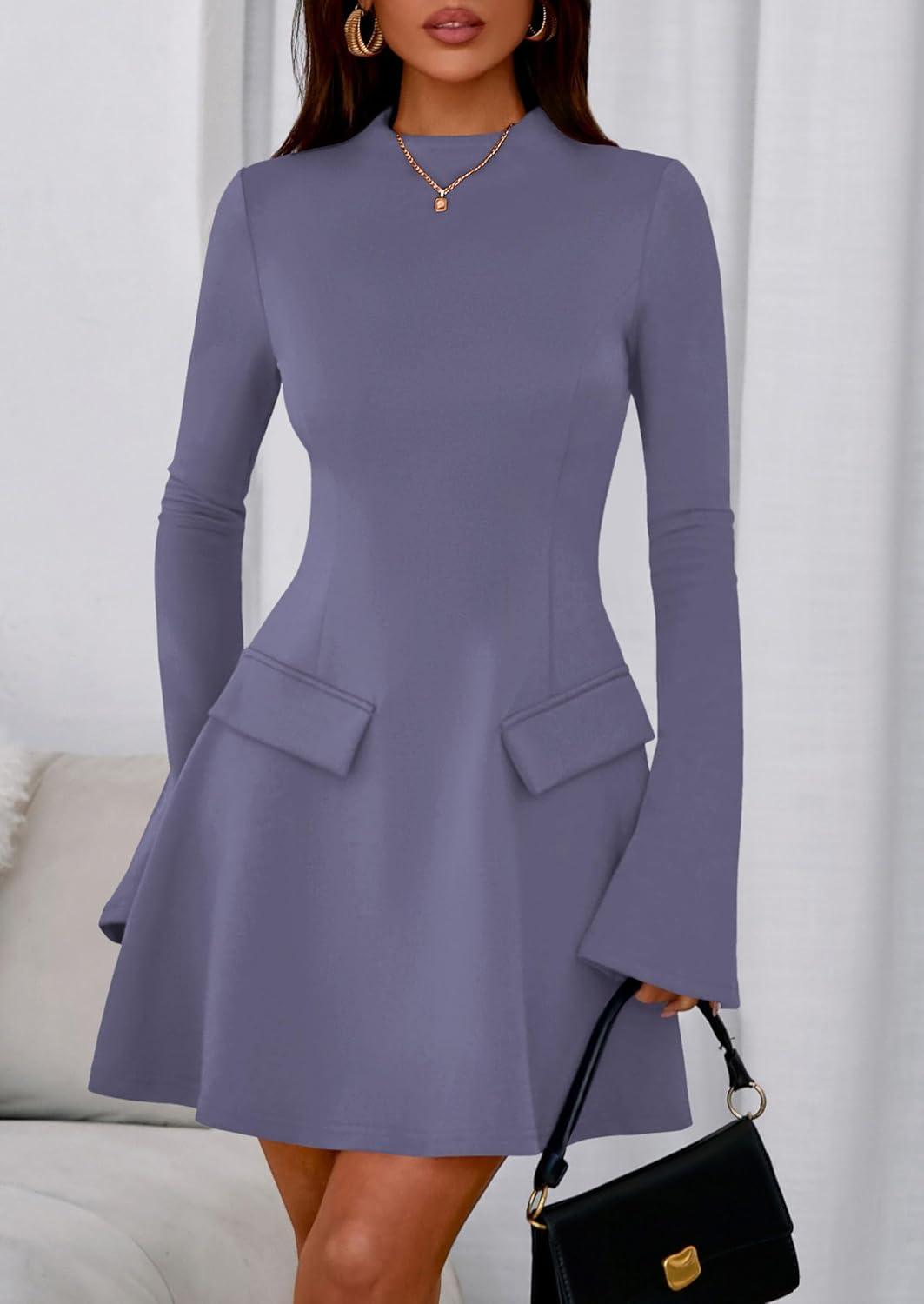 imagePRETTYGARDEN Womens Elegant Holiday Short Dress 2026 Fall Bell Long Sleeve Mock Neck Work Business Casual Party Mini DressGrey Blue