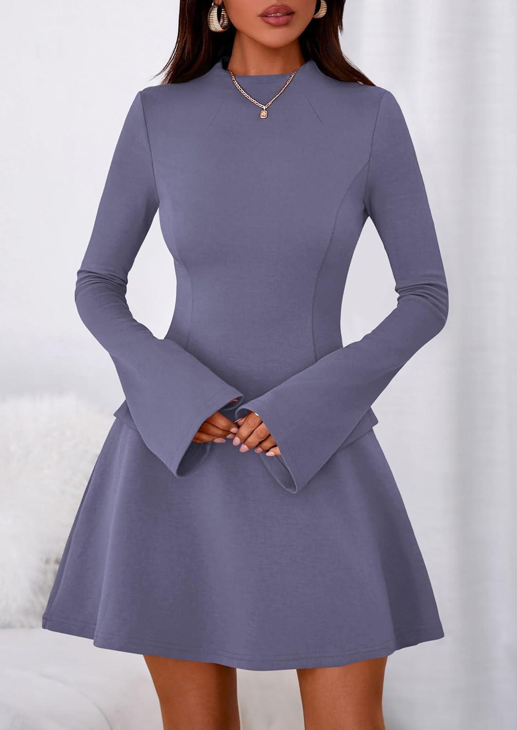 imagePRETTYGARDEN Womens Elegant Holiday Short Dress 2026 Fall Bell Long Sleeve Mock Neck Work Business Casual Party Mini DressGrey Blue