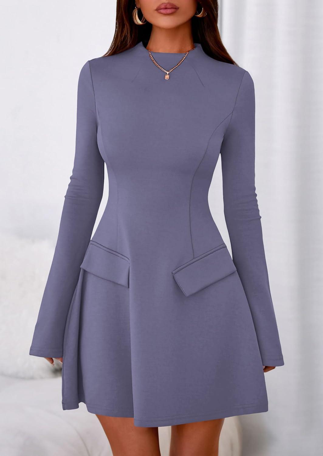 imagePRETTYGARDEN Womens Elegant Holiday Short Dress 2026 Fall Bell Long Sleeve Mock Neck Work Business Casual Party Mini DressGrey Blue