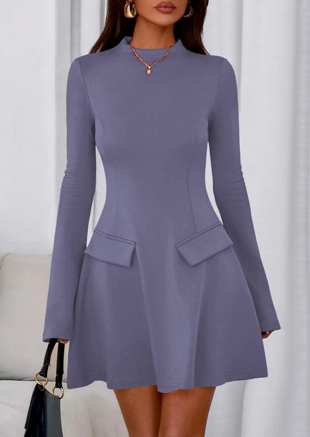 imagePRETTYGARDEN Womens Elegant Holiday Short Dress 2026 Fall Bell Long Sleeve Mock Neck Work Business Casual Party Mini DressGrey Blue