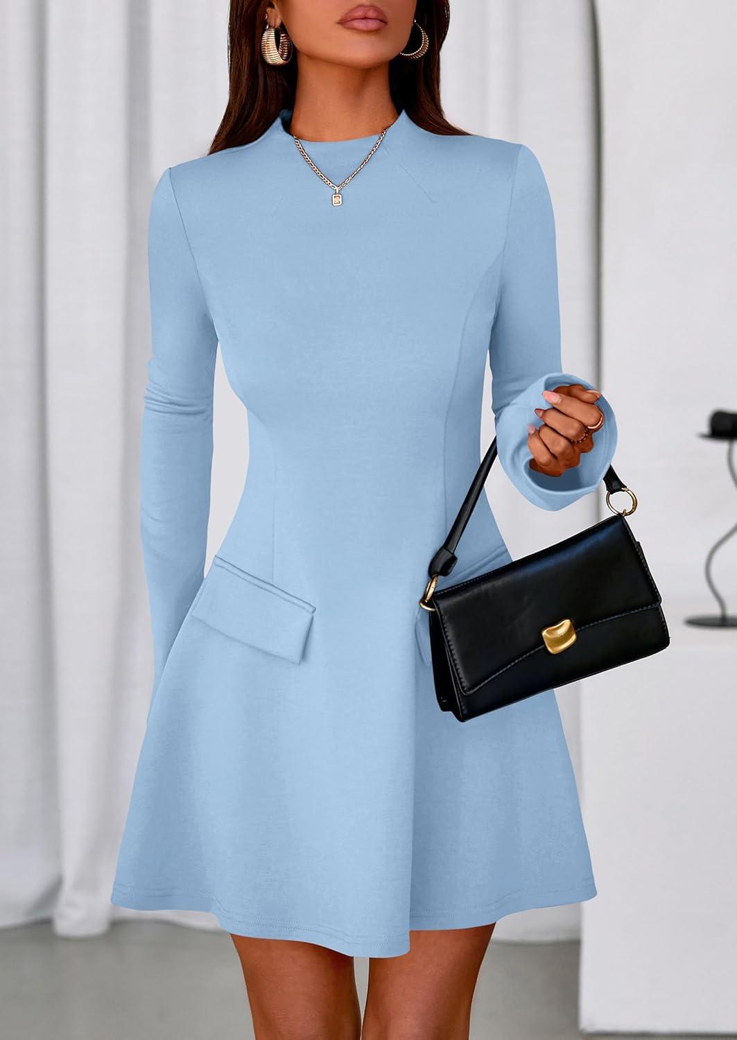 imagePRETTYGARDEN Womens Elegant Holiday Short Dress 2026 Fall Bell Long Sleeve Mock Neck Work Business Casual Party Mini DressLight Blue