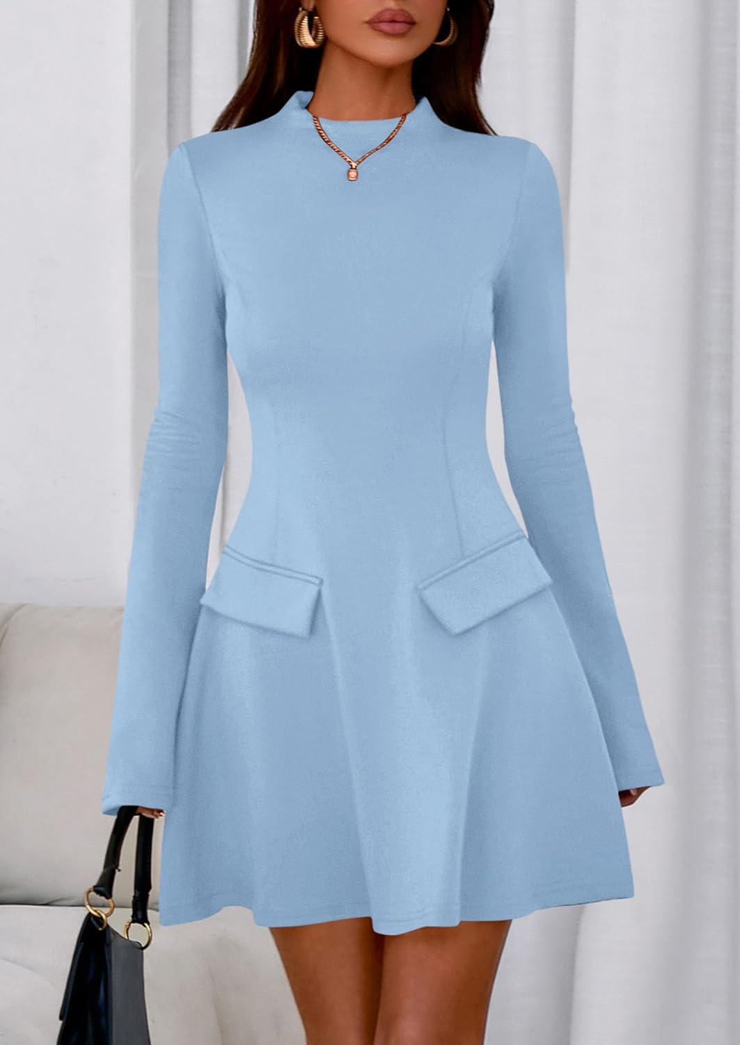 imagePRETTYGARDEN Womens Elegant Holiday Short Dress 2026 Fall Bell Long Sleeve Mock Neck Work Business Casual Party Mini DressLight Blue