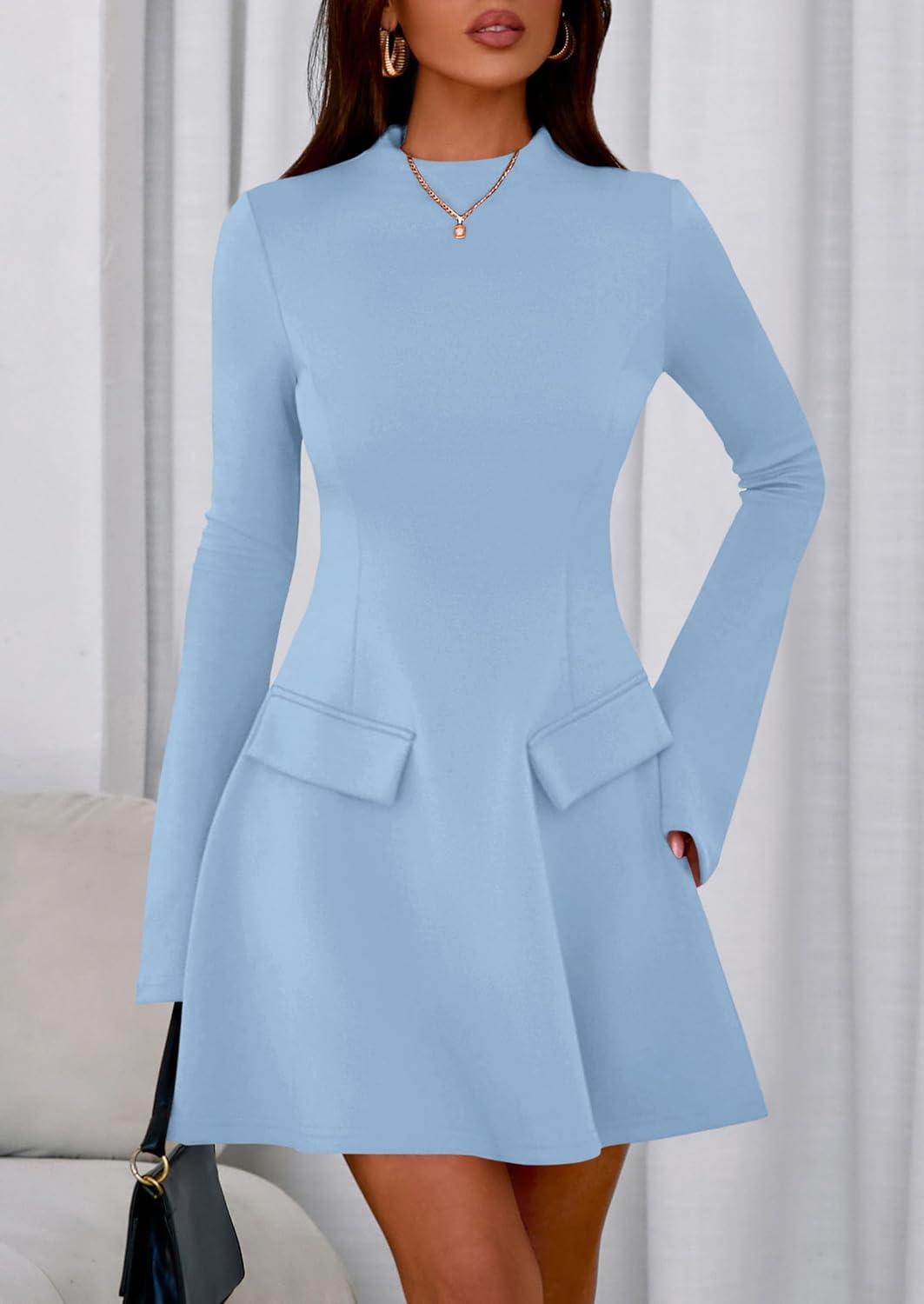imagePRETTYGARDEN Womens Elegant Holiday Short Dress 2026 Fall Bell Long Sleeve Mock Neck Work Business Casual Party Mini DressLight Blue