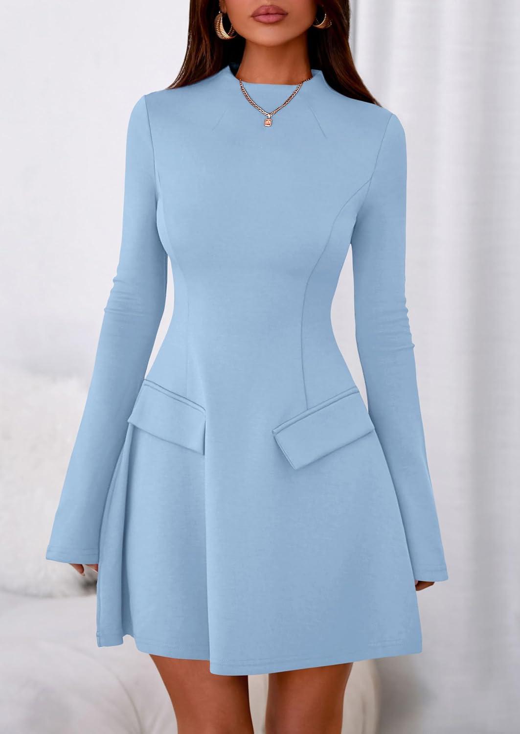 imagePRETTYGARDEN Womens Elegant Holiday Short Dress 2026 Fall Bell Long Sleeve Mock Neck Work Business Casual Party Mini DressLight Blue