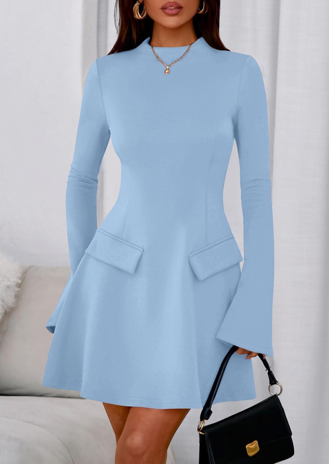 imagePRETTYGARDEN Womens Elegant Holiday Short Dress 2026 Fall Bell Long Sleeve Mock Neck Work Business Casual Party Mini DressLight Blue