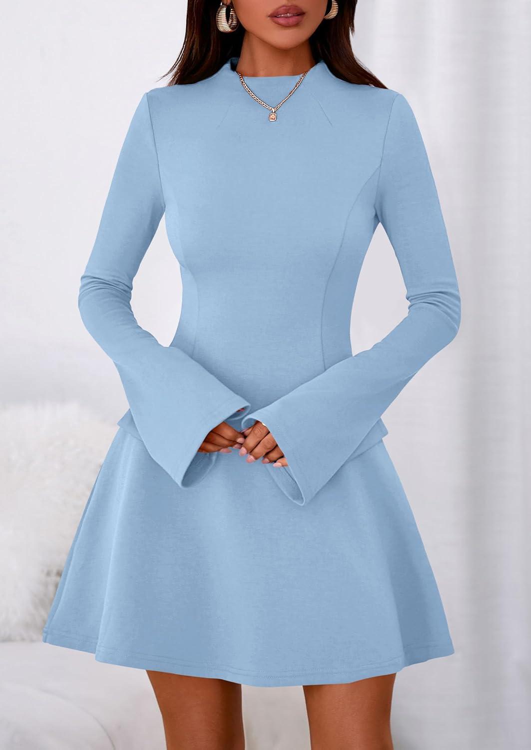 imagePRETTYGARDEN Womens Elegant Holiday Short Dress 2026 Fall Bell Long Sleeve Mock Neck Work Business Casual Party Mini DressLight Blue