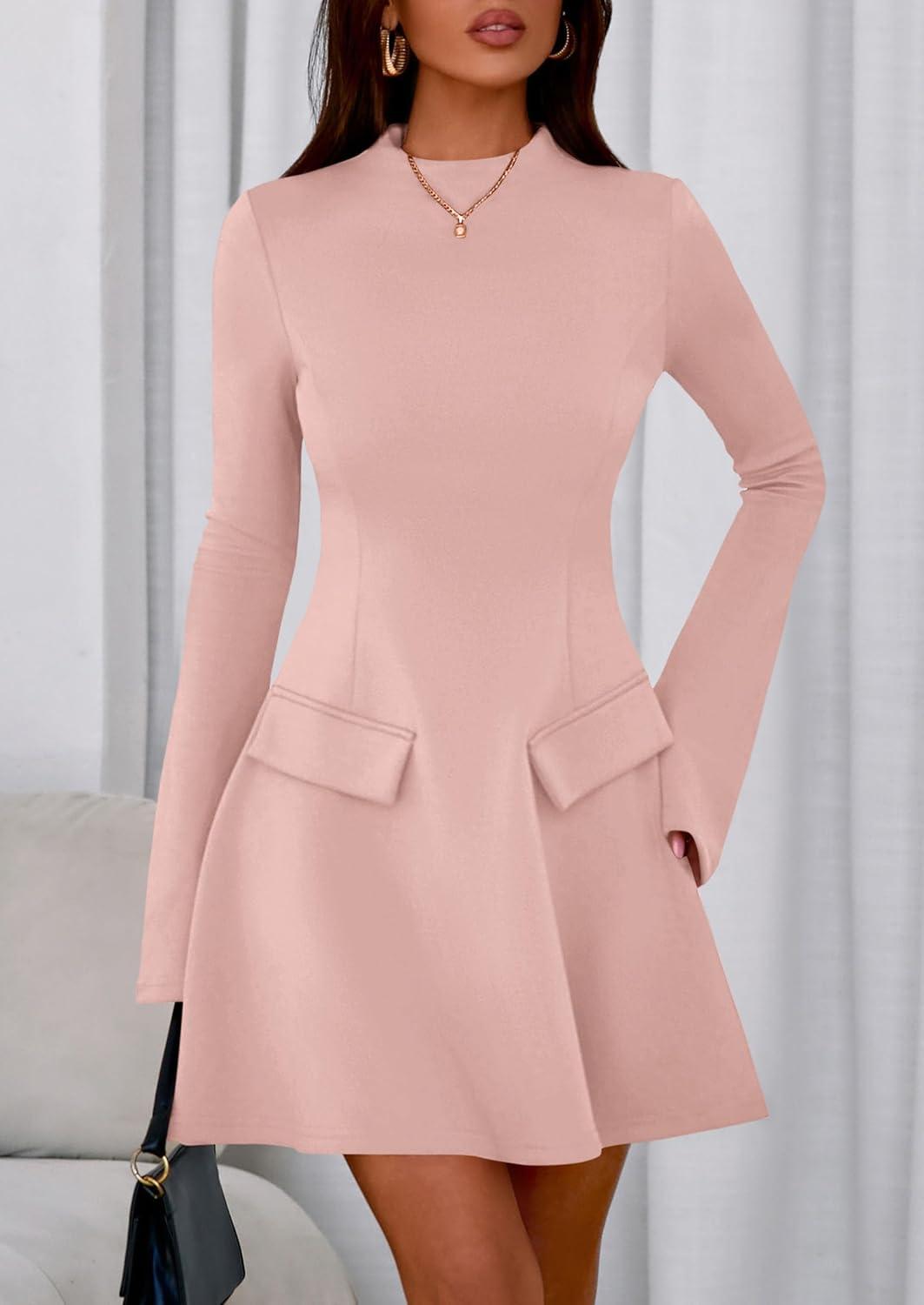 imagePRETTYGARDEN Womens Elegant Holiday Short Dress 2026 Fall Bell Long Sleeve Mock Neck Work Business Casual Party Mini DressLight Pink