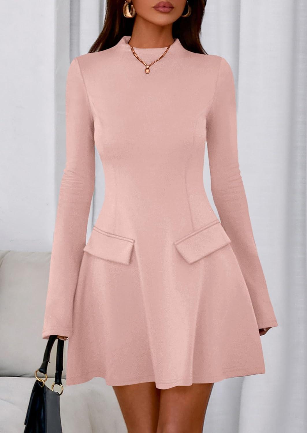 imagePRETTYGARDEN Womens Elegant Holiday Short Dress 2026 Fall Bell Long Sleeve Mock Neck Work Business Casual Party Mini DressLight Pink