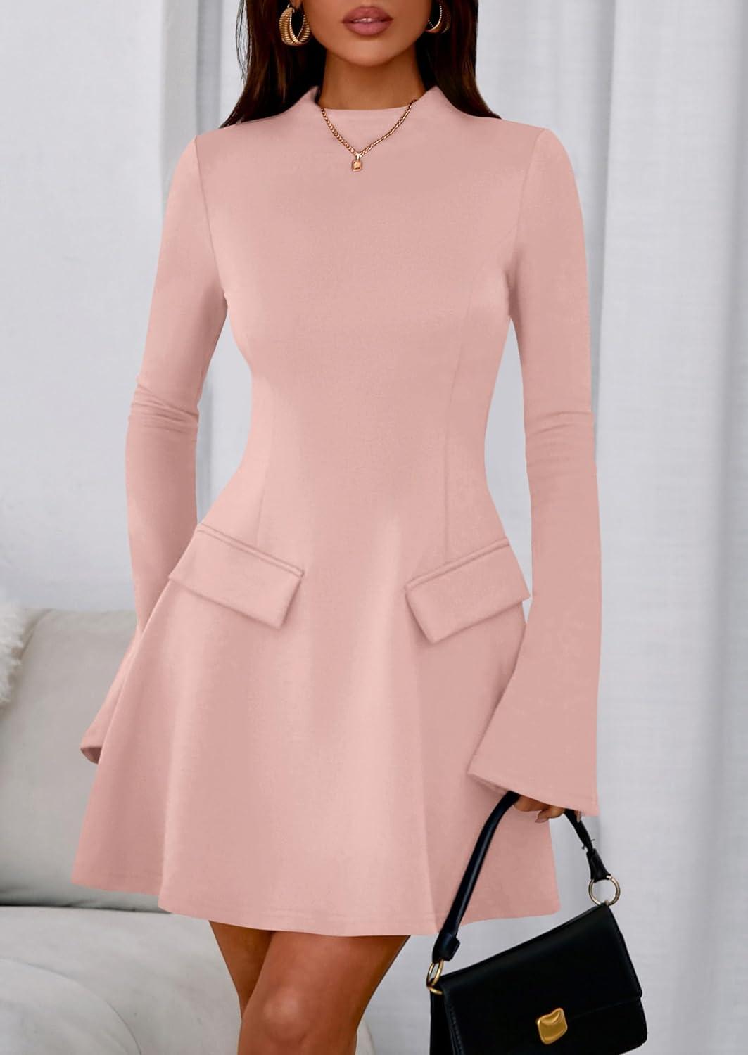 imagePRETTYGARDEN Womens Elegant Holiday Short Dress 2026 Fall Bell Long Sleeve Mock Neck Work Business Casual Party Mini DressLight Pink
