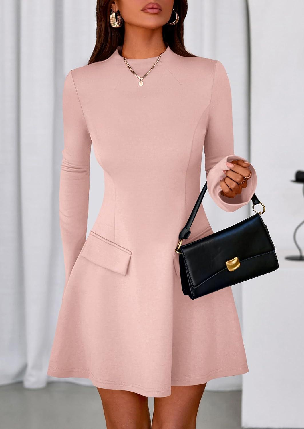 imagePRETTYGARDEN Womens Elegant Holiday Short Dress 2026 Fall Bell Long Sleeve Mock Neck Work Business Casual Party Mini DressLight Pink