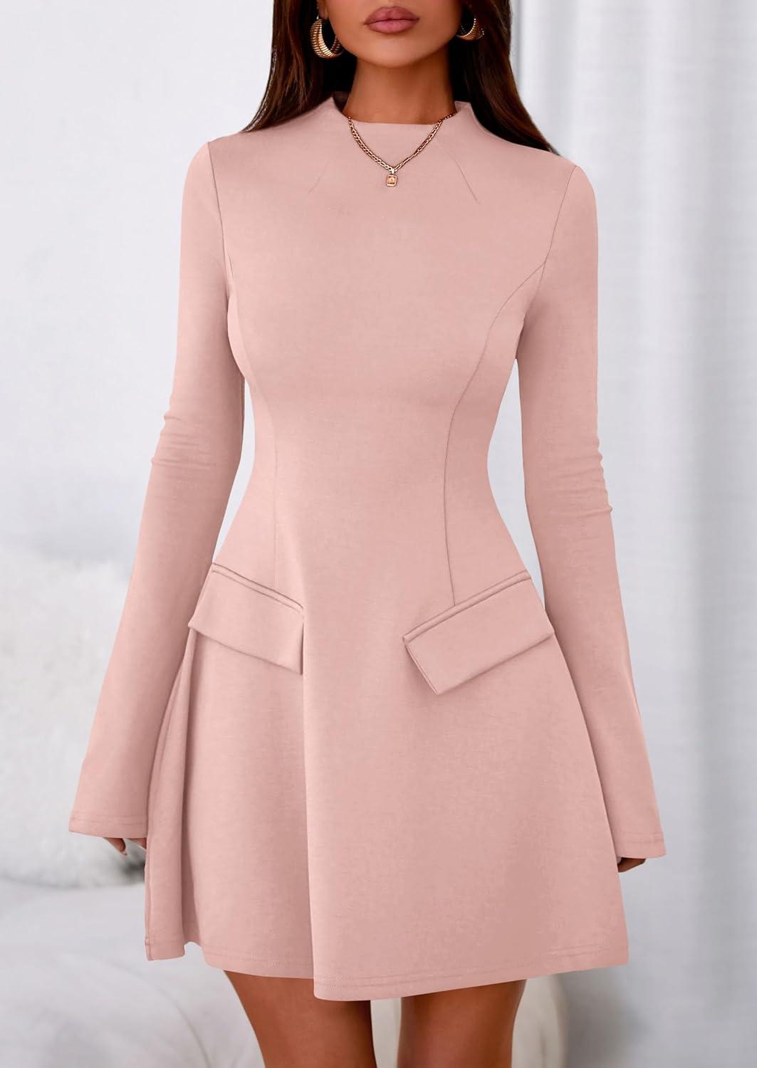 imagePRETTYGARDEN Womens Elegant Holiday Short Dress 2026 Fall Bell Long Sleeve Mock Neck Work Business Casual Party Mini DressLight Pink