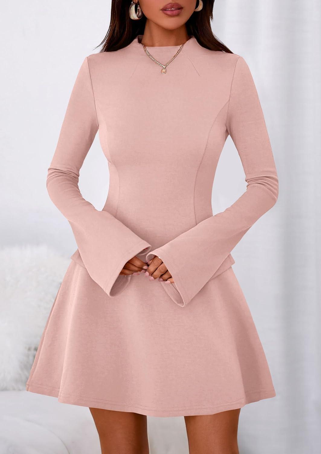 imagePRETTYGARDEN Womens Elegant Holiday Short Dress 2026 Fall Bell Long Sleeve Mock Neck Work Business Casual Party Mini DressLight Pink