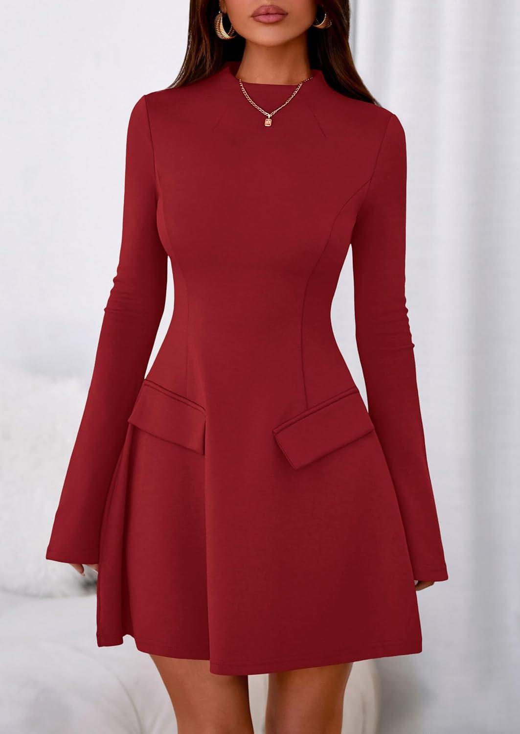 imagePRETTYGARDEN Womens Elegant Holiday Short Dress 2026 Fall Bell Long Sleeve Mock Neck Work Business Casual Party Mini DressRed