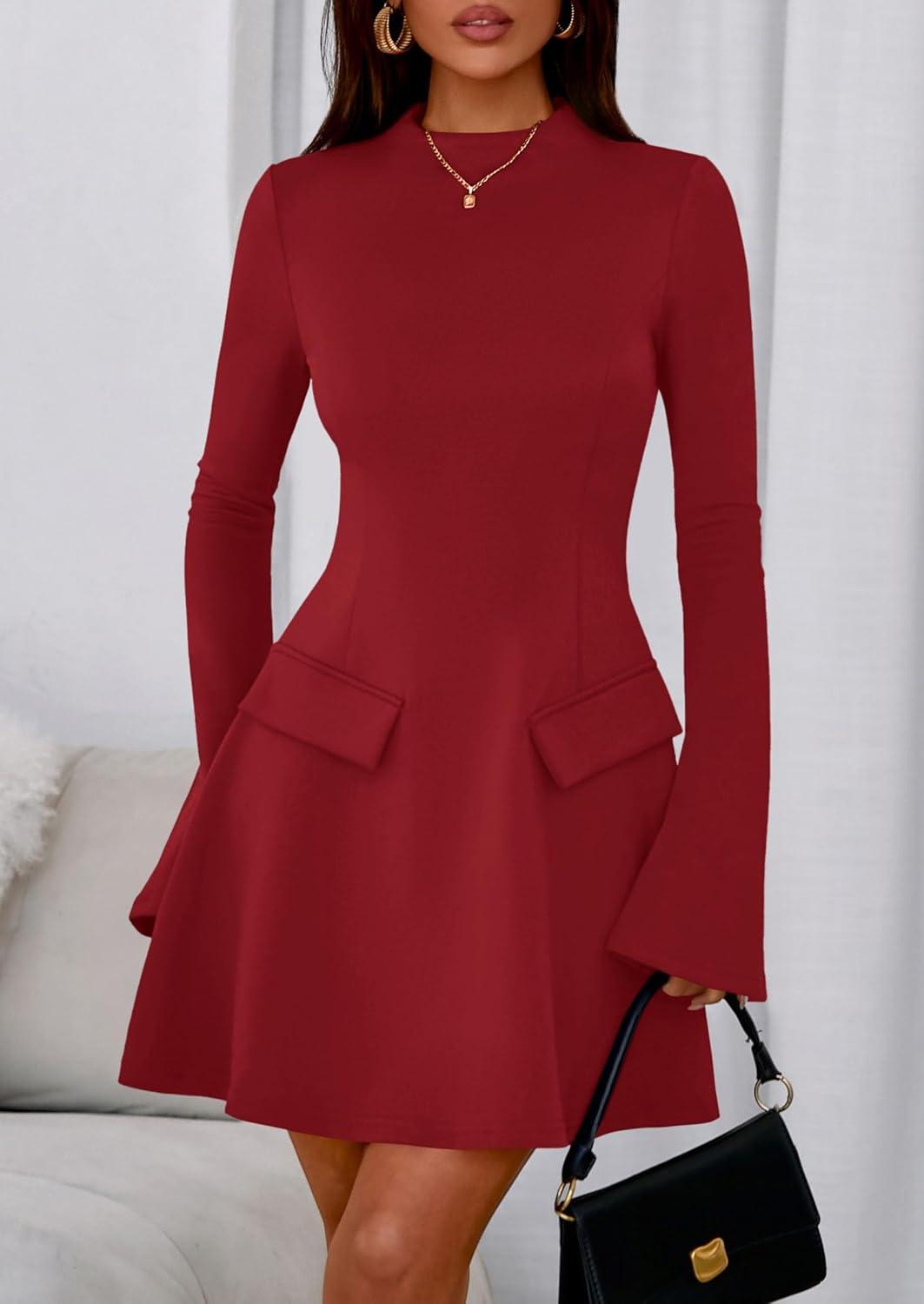 imagePRETTYGARDEN Womens Elegant Holiday Short Dress 2026 Fall Bell Long Sleeve Mock Neck Work Business Casual Party Mini DressRed