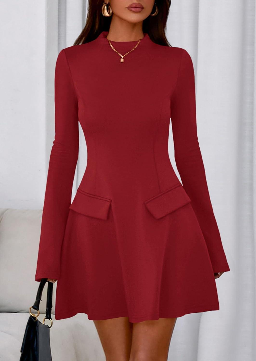 imagePRETTYGARDEN Womens Elegant Holiday Short Dress 2026 Fall Bell Long Sleeve Mock Neck Work Business Casual Party Mini DressRed