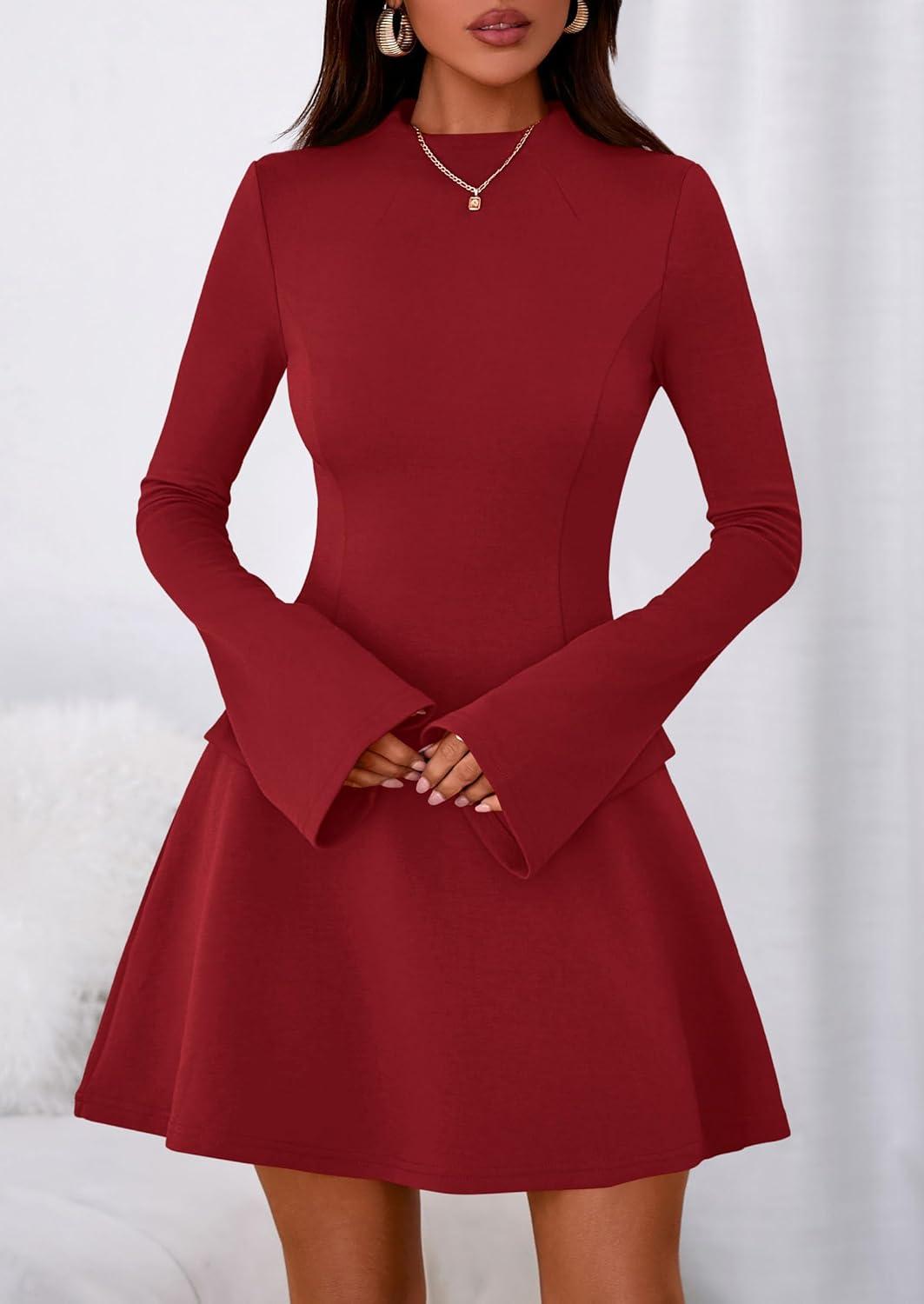 imagePRETTYGARDEN Womens Elegant Holiday Short Dress 2026 Fall Bell Long Sleeve Mock Neck Work Business Casual Party Mini DressRed