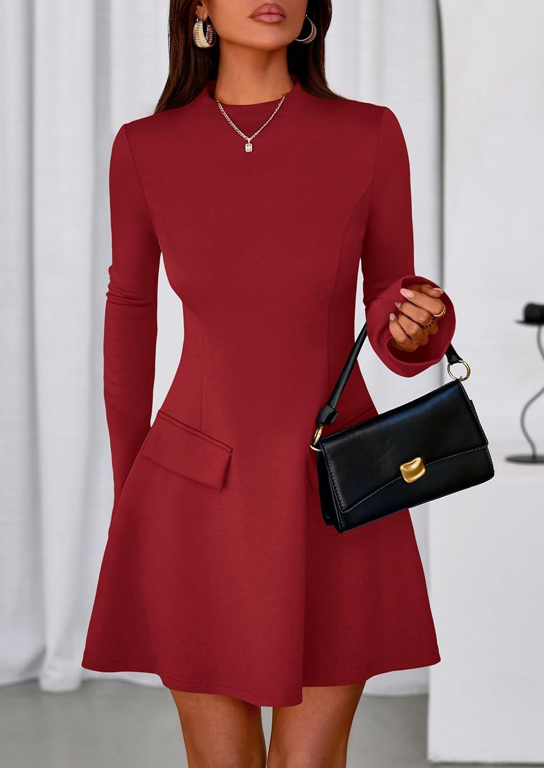 imagePRETTYGARDEN Womens Elegant Holiday Short Dress 2026 Fall Bell Long Sleeve Mock Neck Work Business Casual Party Mini DressRed