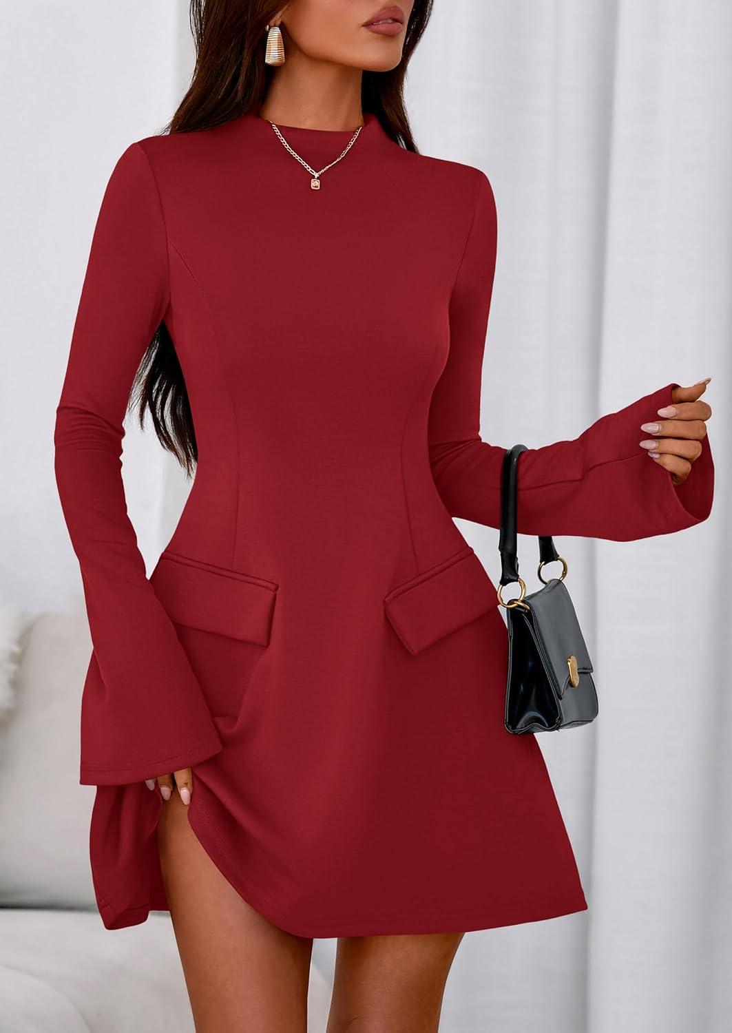 imagePRETTYGARDEN Womens Elegant Holiday Short Dress 2026 Fall Bell Long Sleeve Mock Neck Work Business Casual Party Mini DressRed