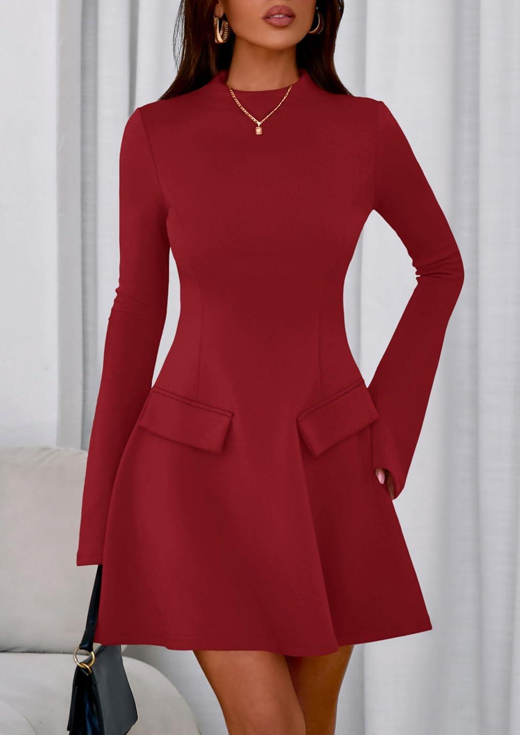 imagePRETTYGARDEN Womens Elegant Holiday Short Dress 2026 Fall Bell Long Sleeve Mock Neck Work Business Casual Party Mini DressRed