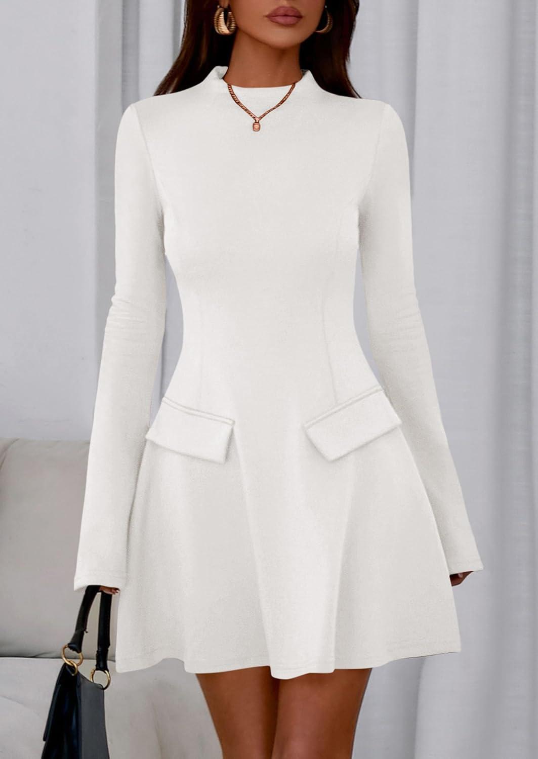 imagePRETTYGARDEN Womens Elegant Holiday Short Dress 2026 Fall Bell Long Sleeve Mock Neck Work Business Casual Party Mini DressWhite