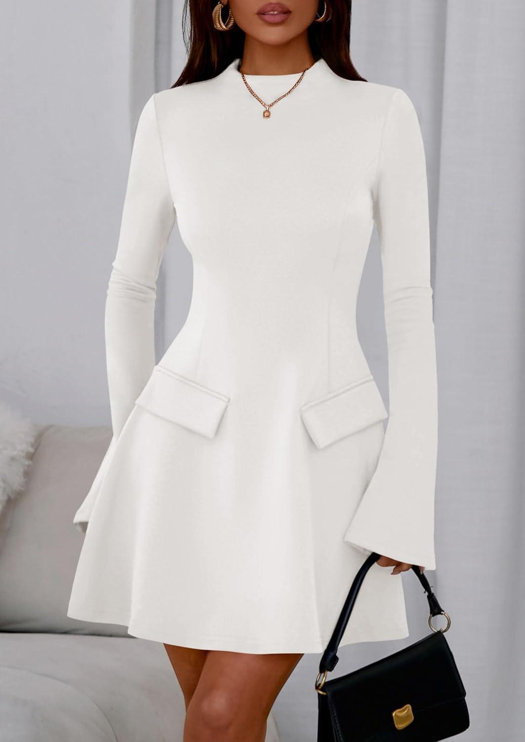 imagePRETTYGARDEN Womens Elegant Holiday Short Dress 2026 Fall Bell Long Sleeve Mock Neck Work Business Casual Party Mini DressWhite