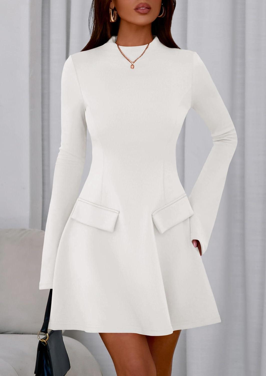 imagePRETTYGARDEN Womens Elegant Holiday Short Dress 2026 Fall Bell Long Sleeve Mock Neck Work Business Casual Party Mini DressWhite