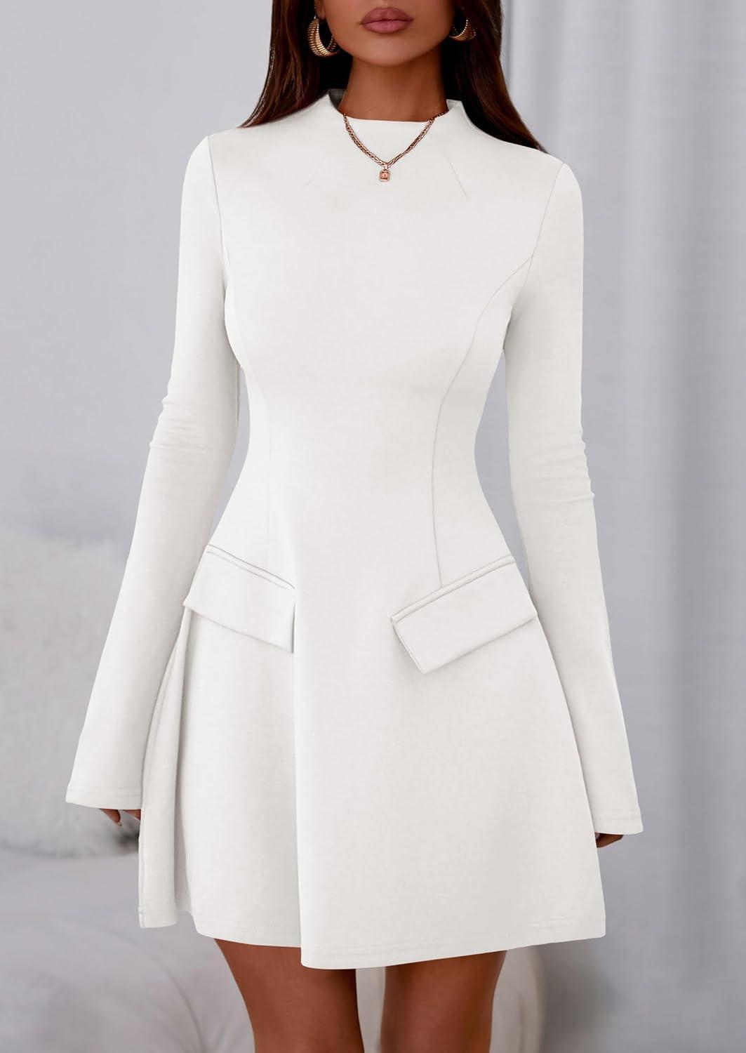 imagePRETTYGARDEN Womens Elegant Holiday Short Dress 2026 Fall Bell Long Sleeve Mock Neck Work Business Casual Party Mini DressWhite