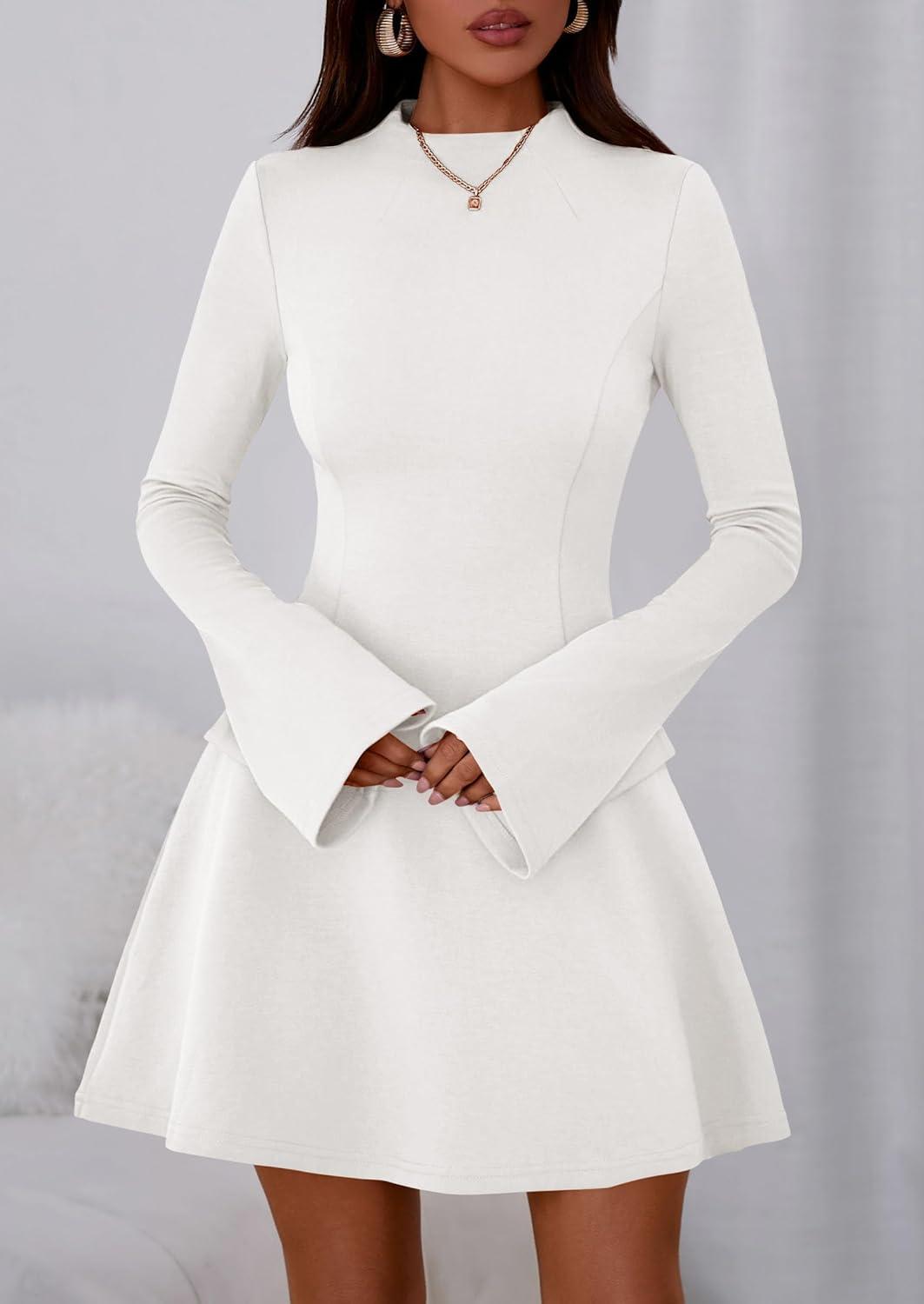 imagePRETTYGARDEN Womens Elegant Holiday Short Dress 2026 Fall Bell Long Sleeve Mock Neck Work Business Casual Party Mini DressWhite