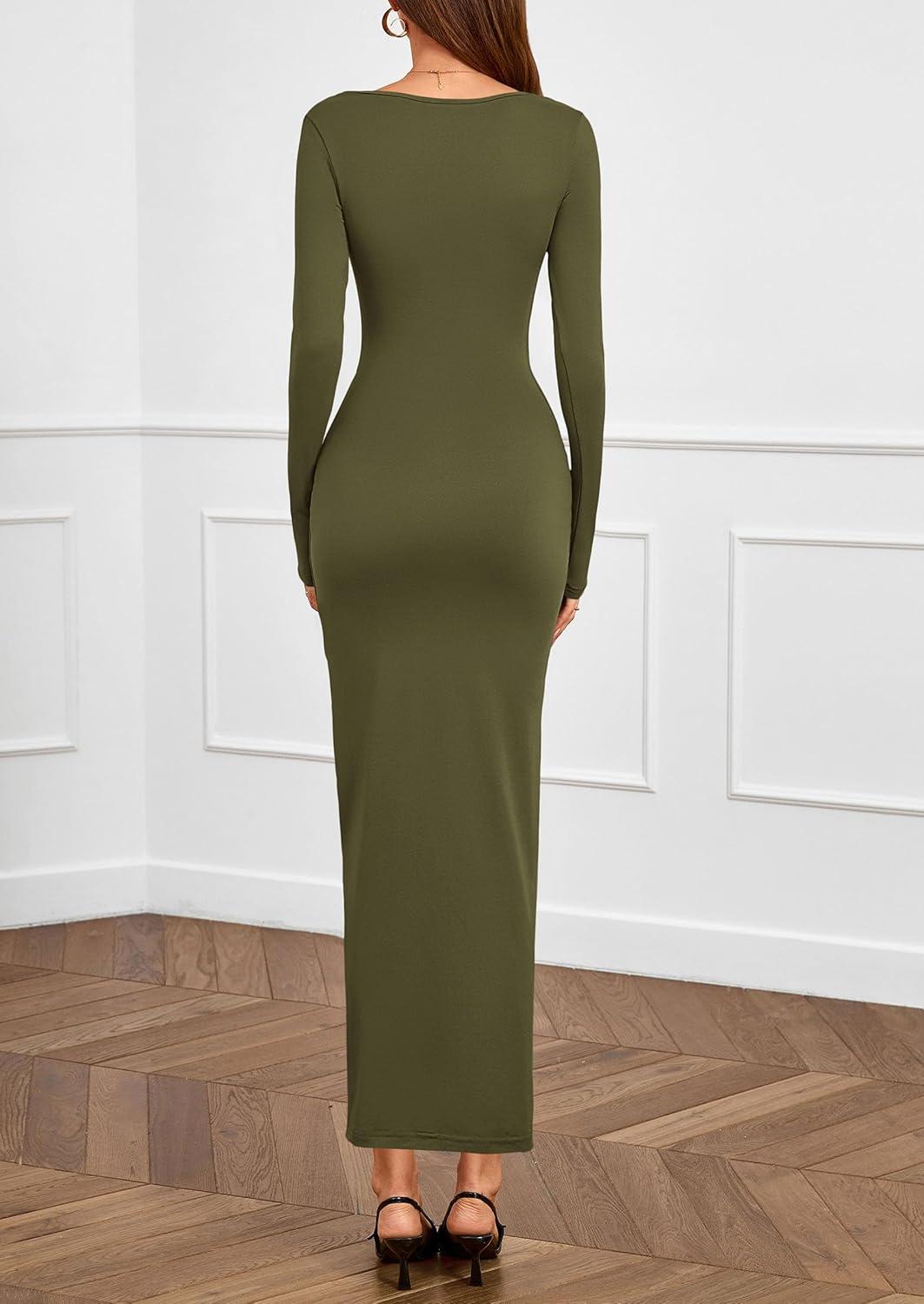 imagePRETTYGARDEN Womens Fall Wedding Guest Cocktail Midi Dresses Elegant Long Sleeve Bodycon Ruched Dress 2026 Fashion ClothingArmy Green