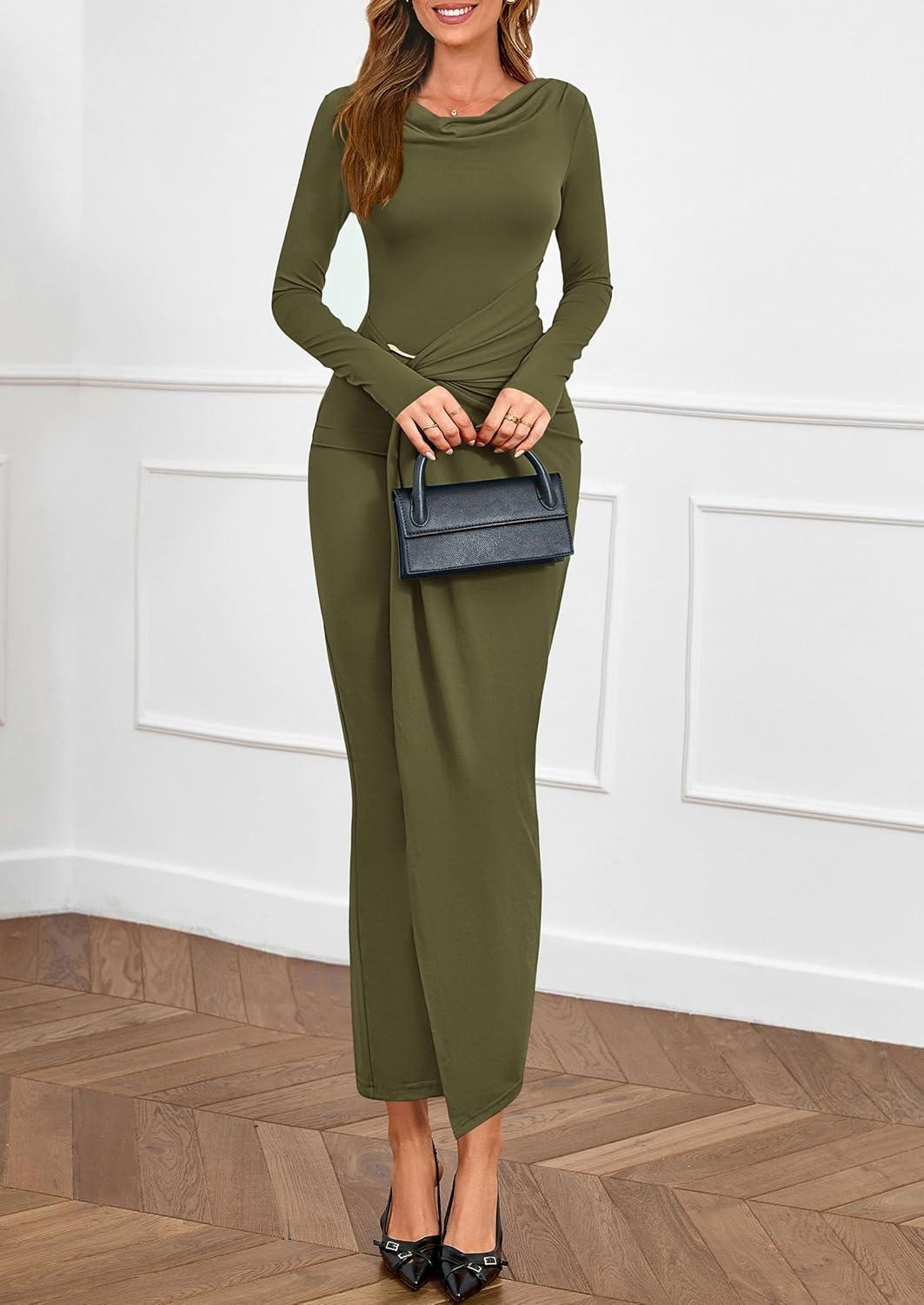imagePRETTYGARDEN Womens Fall Wedding Guest Cocktail Midi Dresses Elegant Long Sleeve Bodycon Ruched Dress 2026 Fashion ClothingArmy Green
