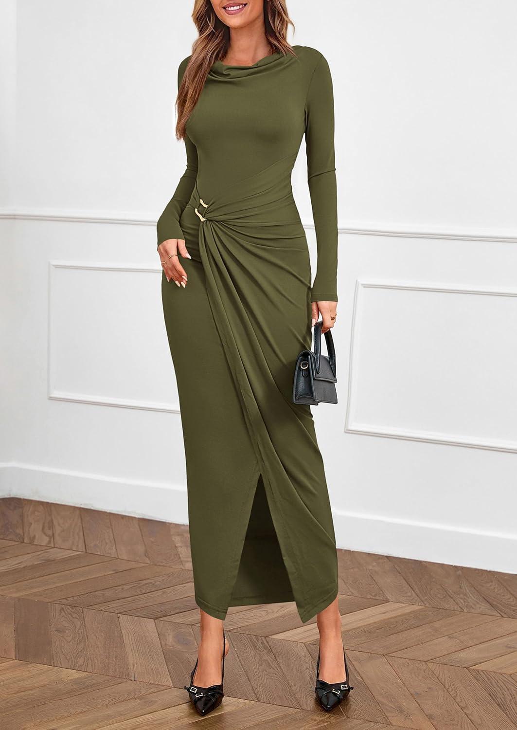 imagePRETTYGARDEN Womens Fall Wedding Guest Cocktail Midi Dresses Elegant Long Sleeve Bodycon Ruched Dress 2026 Fashion ClothingArmy Green