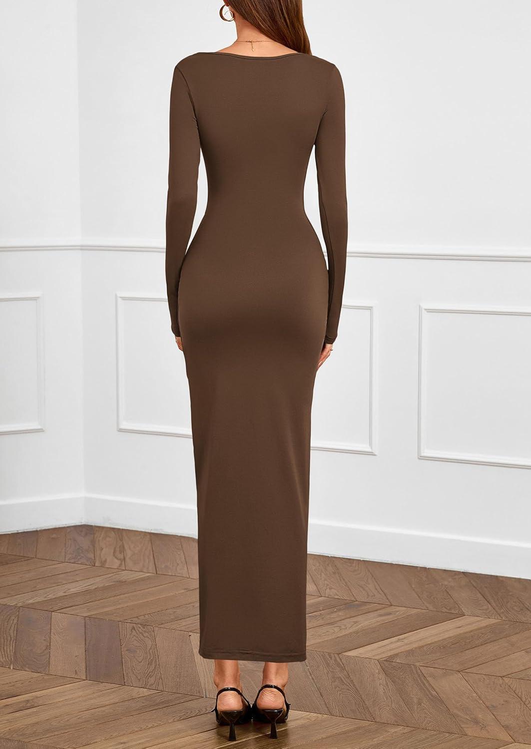 imagePRETTYGARDEN Womens Fall Wedding Guest Cocktail Midi Dresses Elegant Long Sleeve Bodycon Ruched Dress 2026 Fashion ClothingBrown