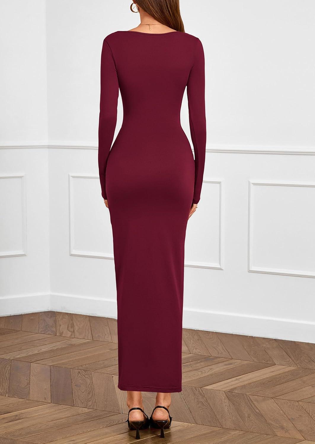imagePRETTYGARDEN Womens Fall Wedding Guest Cocktail Midi Dresses Elegant Long Sleeve Bodycon Ruched Dress 2026 Fashion ClothingBurgundy