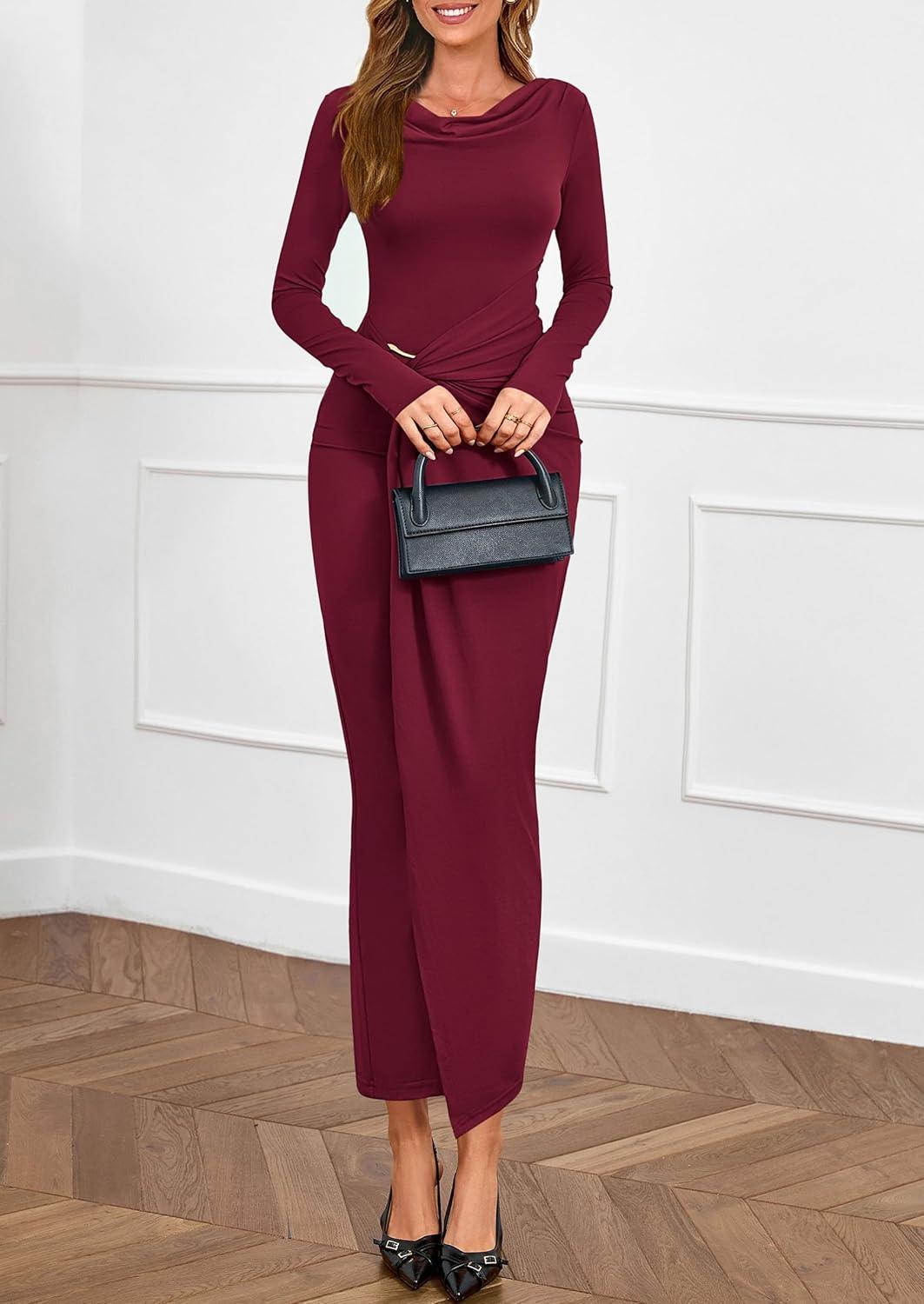 imagePRETTYGARDEN Womens Fall Wedding Guest Cocktail Midi Dresses Elegant Long Sleeve Bodycon Ruched Dress 2026 Fashion ClothingBurgundy