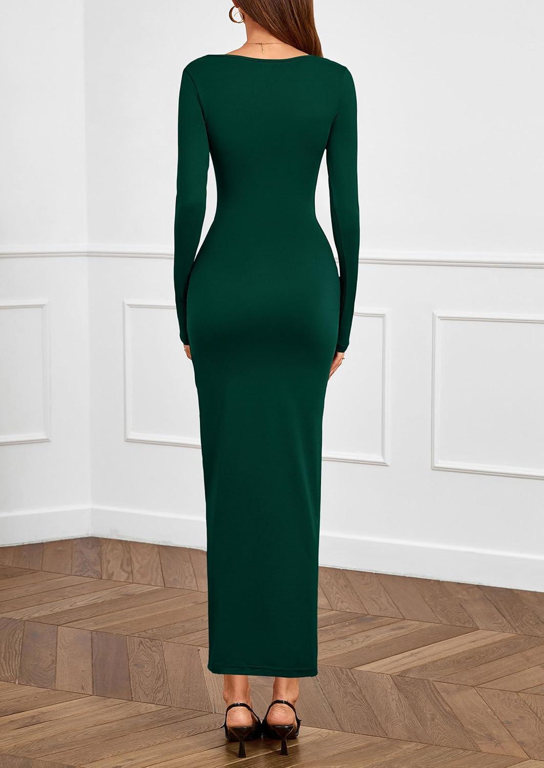 imagePRETTYGARDEN Womens Fall Wedding Guest Cocktail Midi Dresses Elegant Long Sleeve Bodycon Ruched Dress 2026 Fashion ClothingDark Green